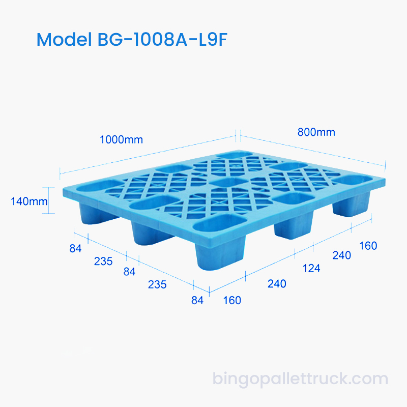1000×800mm 4-Way Entry Light Duty Grid Pallet Plastik HDPE Sembilan Kaki