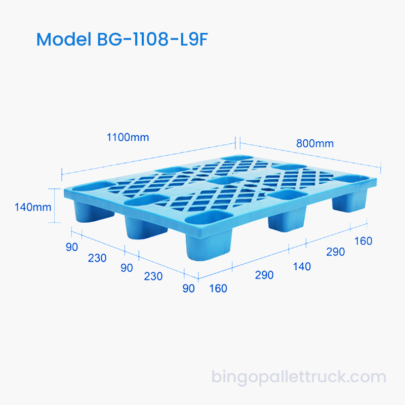 Pallet Plastik Tugas Ringan 1100x800mm dengan Kemasukan 4 Hala untuk Bicu Pallet