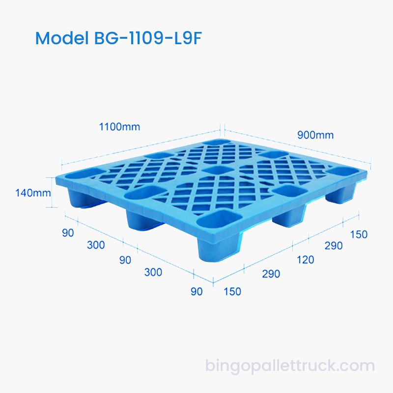1100×900mm Pallet Plastik HDPE Tugas Ringan Tahan Lama Sembilan Kaki untuk Pengendalian Bahan