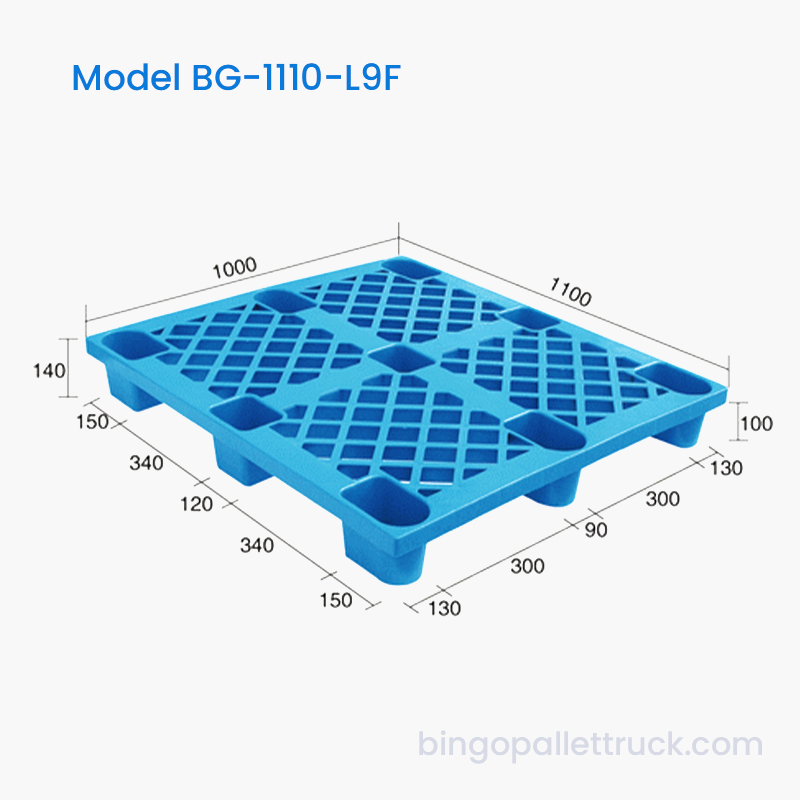 1100x1000mm Pallet Plastik 9 Kaki Satu Sisi untuk Operasi Rantaian Sejuk dan Logistik