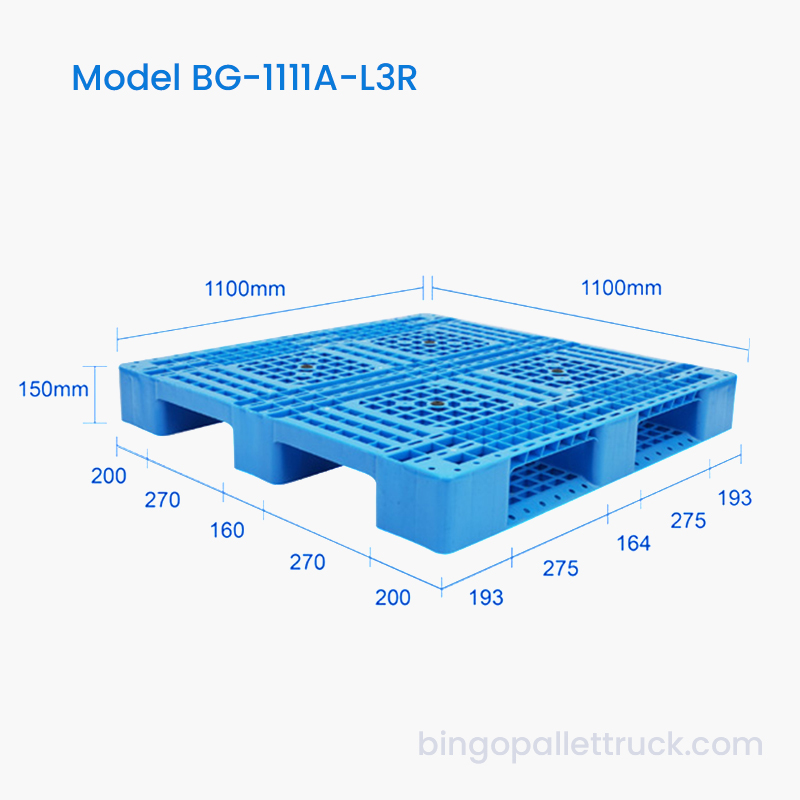 1100×1100mm Pallet Plastik 3-Pelari Masuk 4 Hala