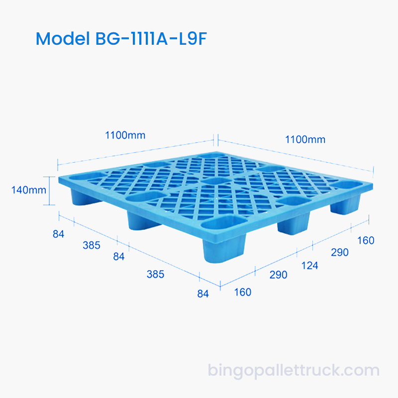 Pallet Plastik 9 Kaki Tugas Ringan 1100x1100mm dengan Kemasukan 4 Hala untuk Bicu Pallet