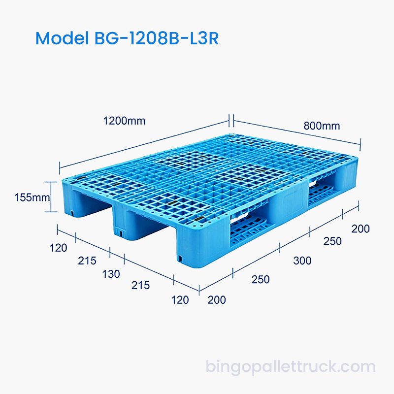 Pallet Plastik 3 Pelari Kekuatan Tinggi 1200x800mm dengan Hayat Perkhidmatan yang Panjang