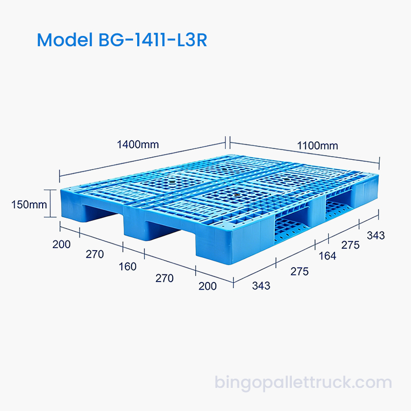 Pallet Plastik 1400x1100mm dengan 3 Pelari untuk Kemasukan Forklift Empat Hala