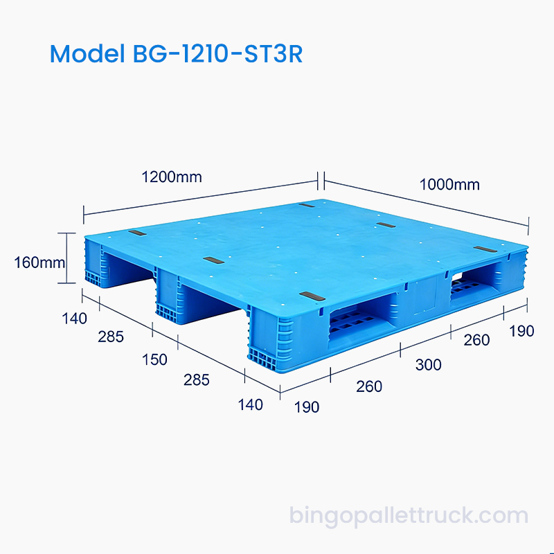Pallet Plastik 1200×1000mm Pejal Top 3 Pelari untuk Kegunaan Gudang Penyimpanan Sejuk