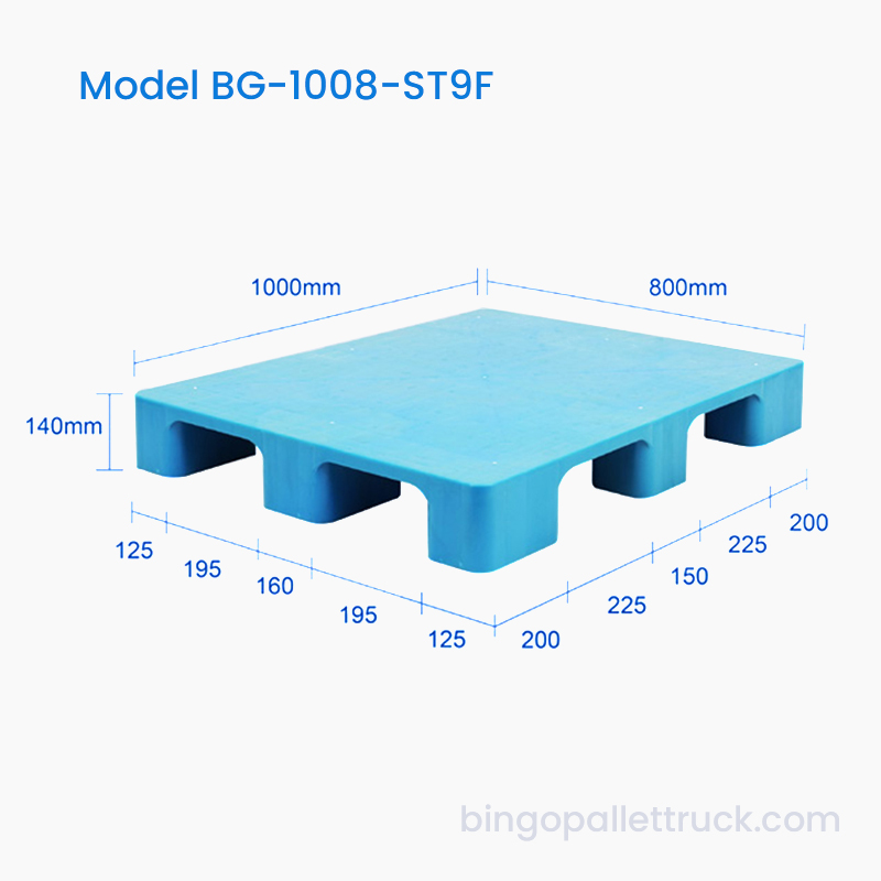 1000×800mm Pallet Plastik Atas Sembilan Kaki Pepejal Tugas Ringan